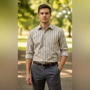 J. Ferrar beige striped long-sleeved shirt, great condition, beautiful, Small